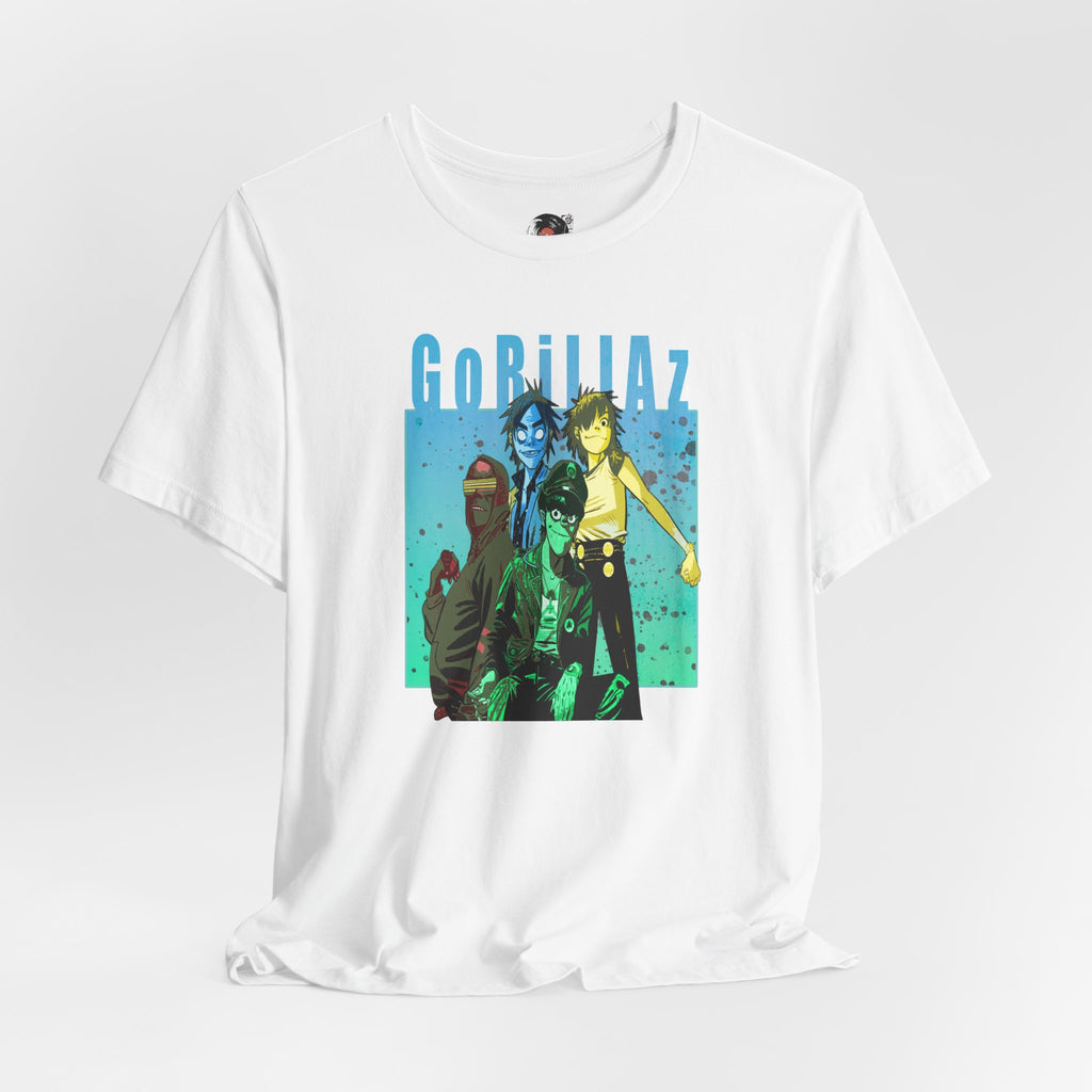 Gorillaz Band Artwork Tee | Animated Band Portrait, Retro Blue-Green Design