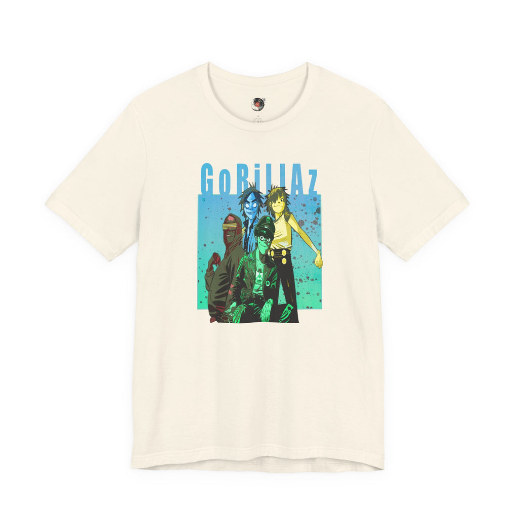 Gorillaz Band Artwork Tee | Animated Band Portrait, Retro Blue-Green Design