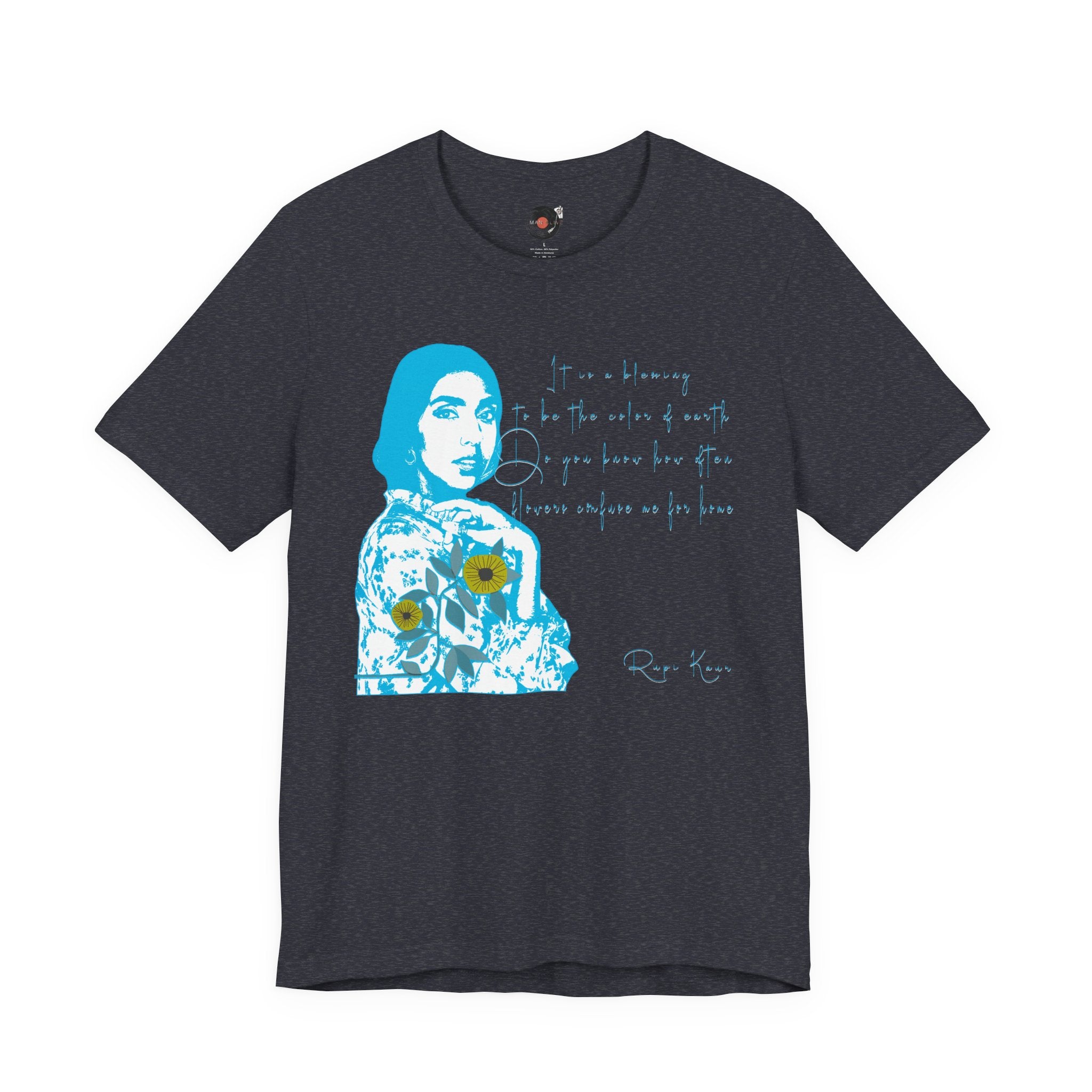 Rupi Kaur Blue Portrait with Sunflowers T-Shirt | Retro Pop Art PoetryTee