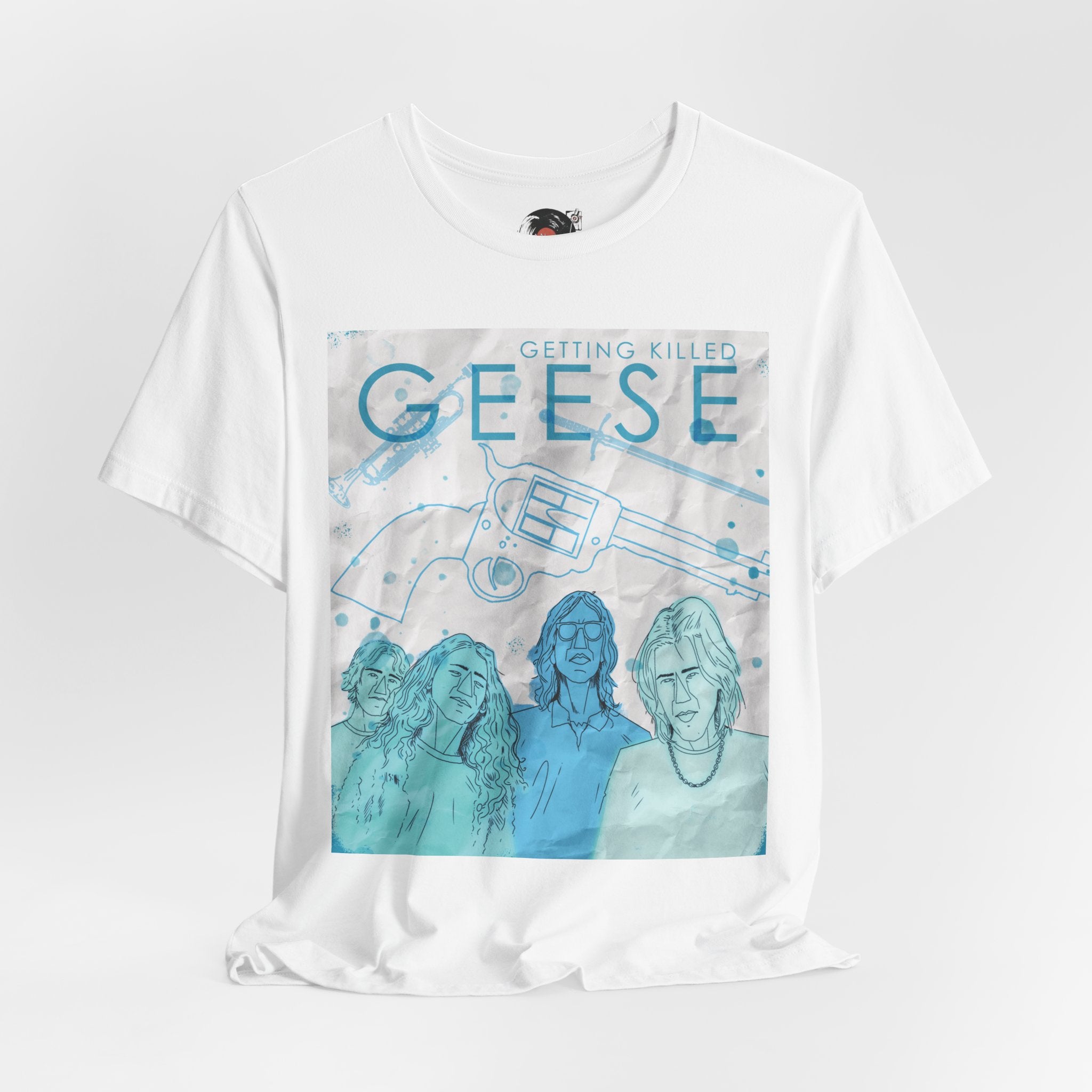 Getting Killed Geese band art T-Shirt | Retro portrait, blue line illustration
