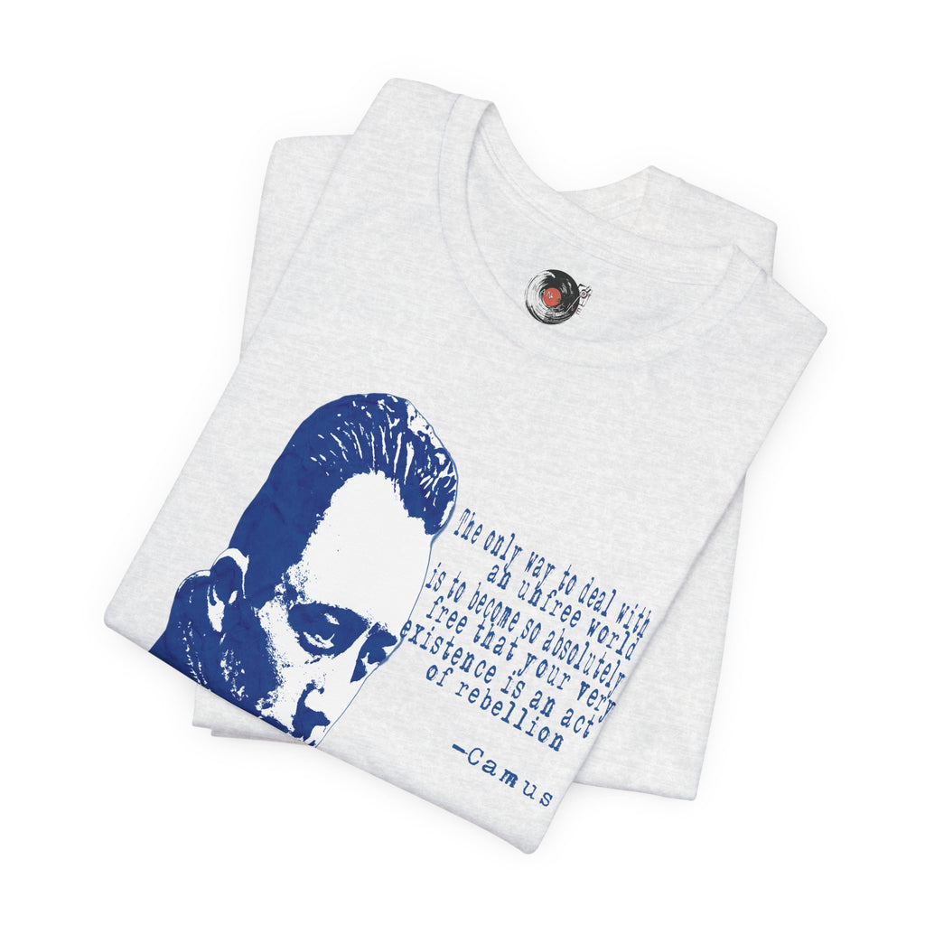 Albert Camus Philosopher Portrait Quote T-Shirt | Blue Graphic Tee