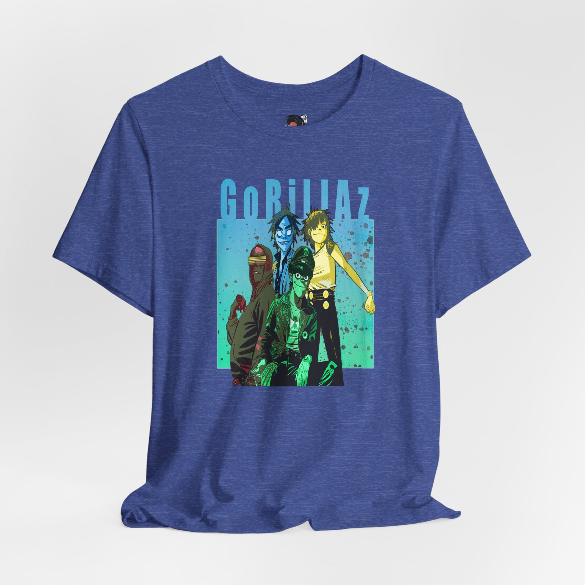 Gorillaz Band Artwork Tee | Animated Band Portrait, Retro Blue-Green Design