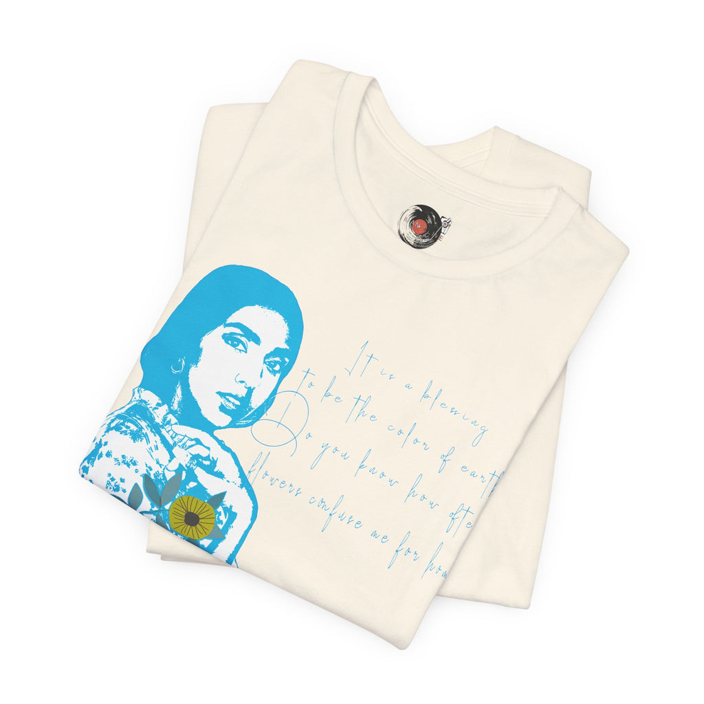 Rupi Kaur Blue Portrait with Sunflowers T-Shirt | Retro Pop Art PoetryTee