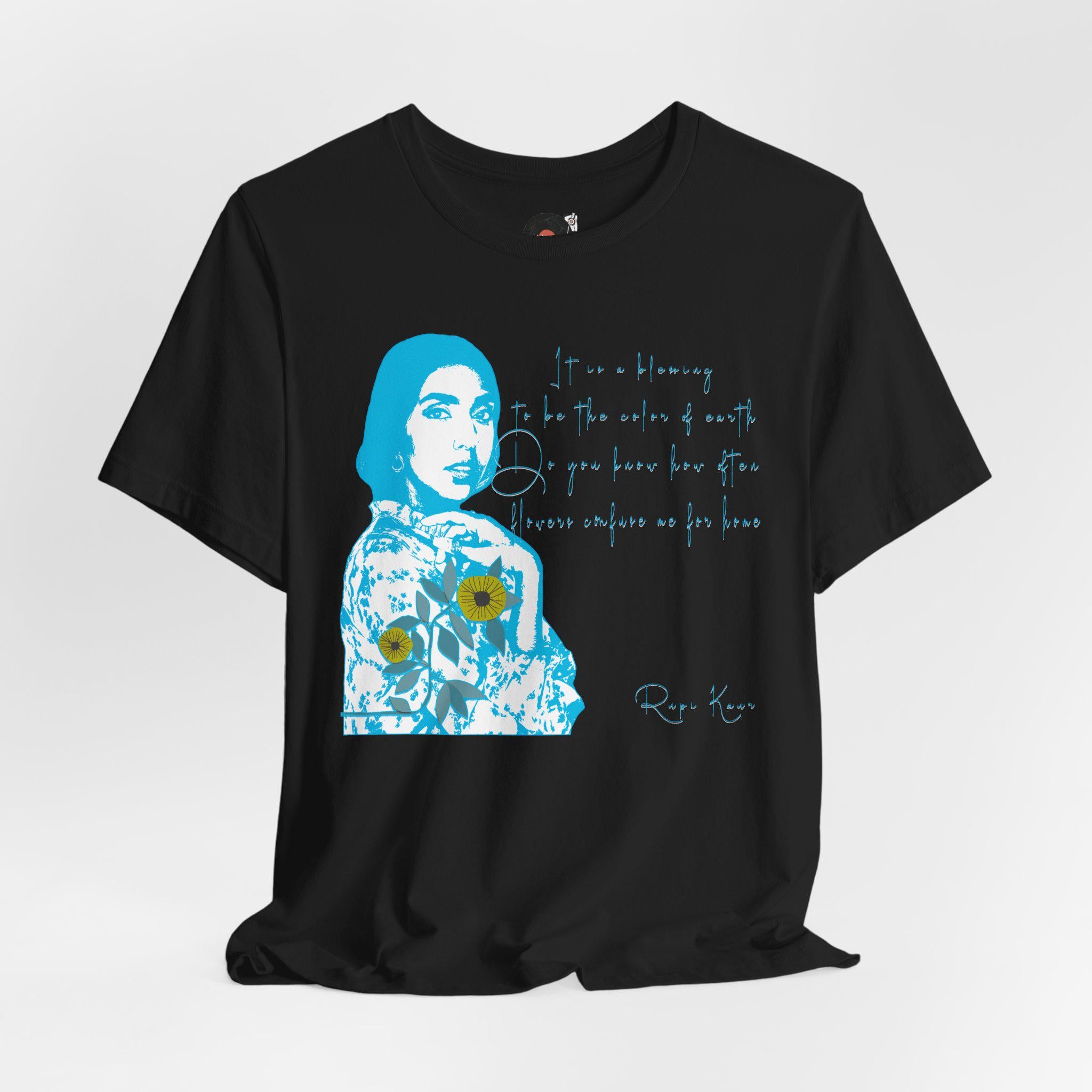 Rupi Kaur Blue Portrait with Sunflowers T-Shirt | Retro Pop Art PoetryTee