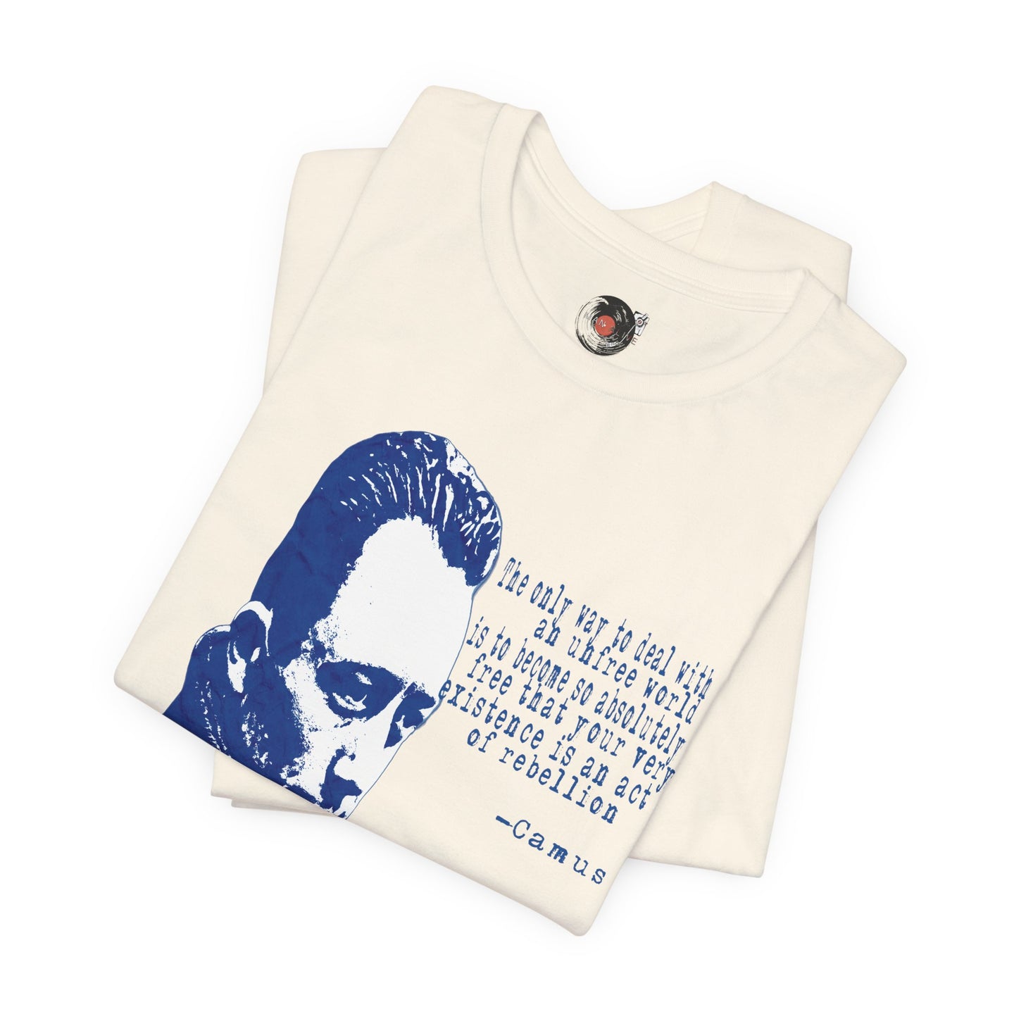 Albert Camus Philosopher Portrait Quote T-Shirt | Blue Graphic Tee