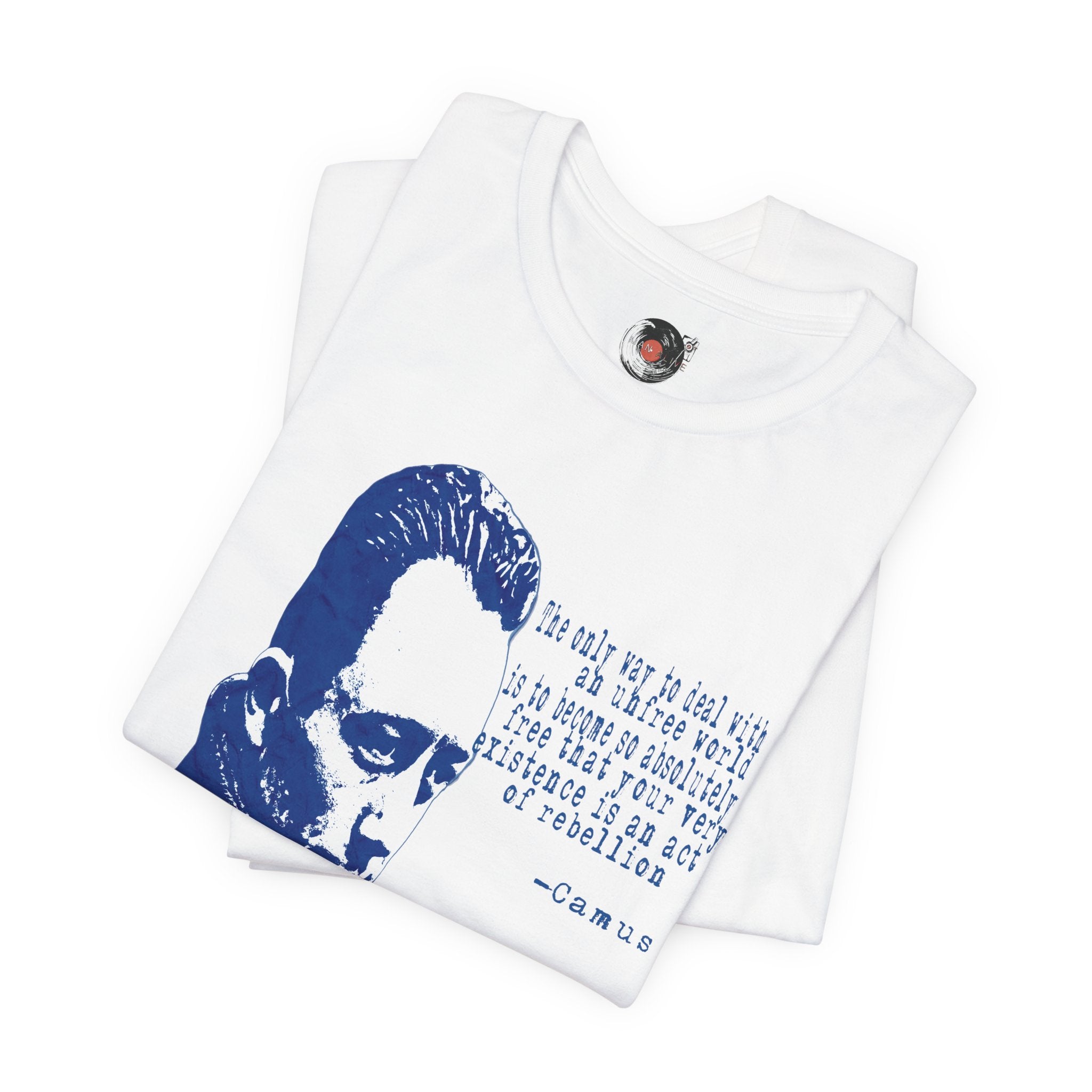 Albert Camus Philosopher Portrait Quote T-Shirt | Blue Graphic Tee