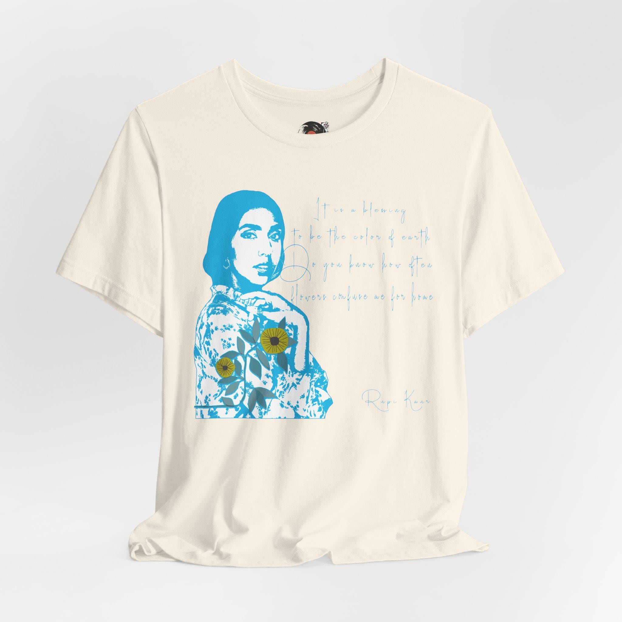 Rupi Kaur Blue Portrait with Sunflowers T-Shirt | Retro Pop Art PoetryTee
