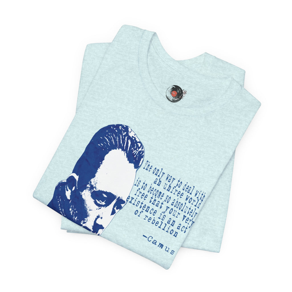 Albert Camus Philosopher Portrait Quote T-Shirt | Blue Graphic Tee