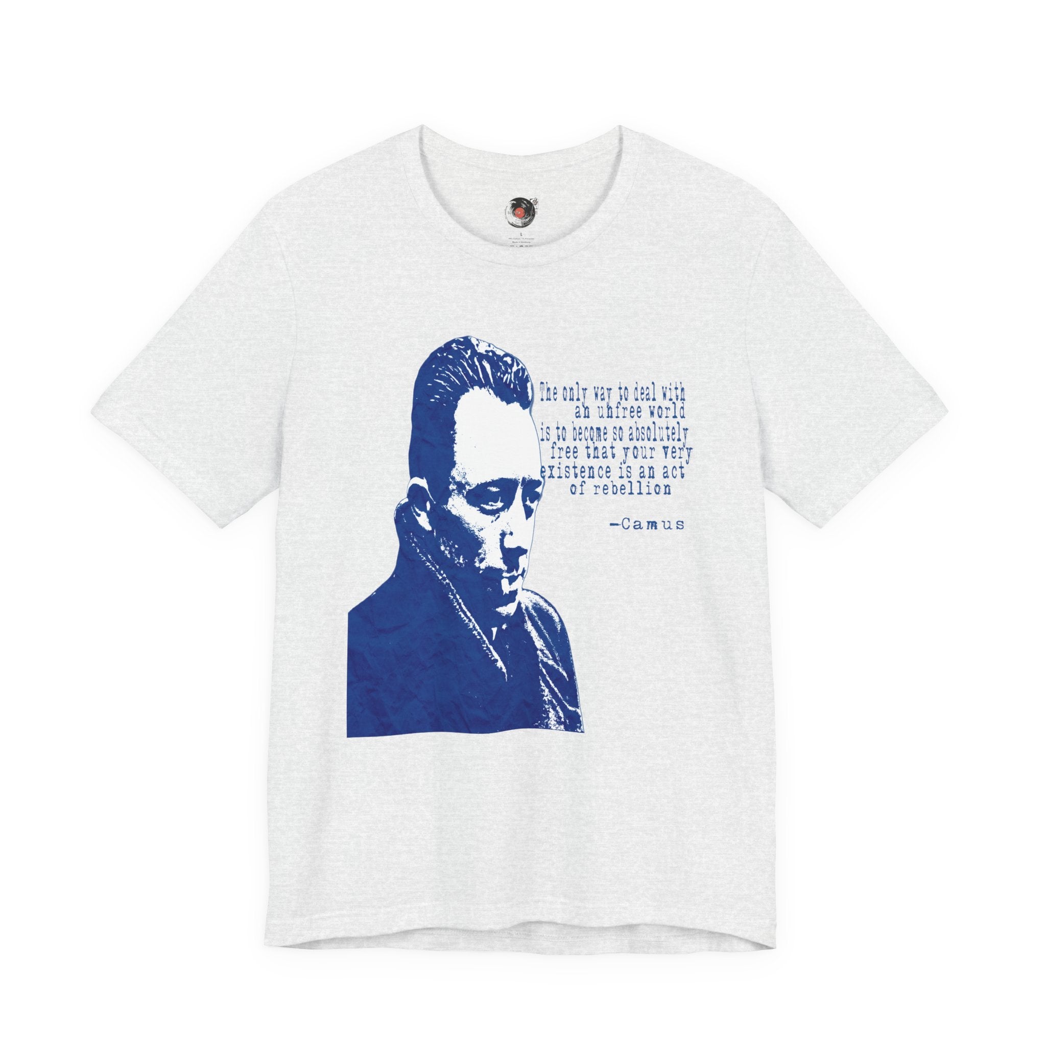 Albert Camus Philosopher Portrait Quote T-Shirt | Blue Graphic Tee