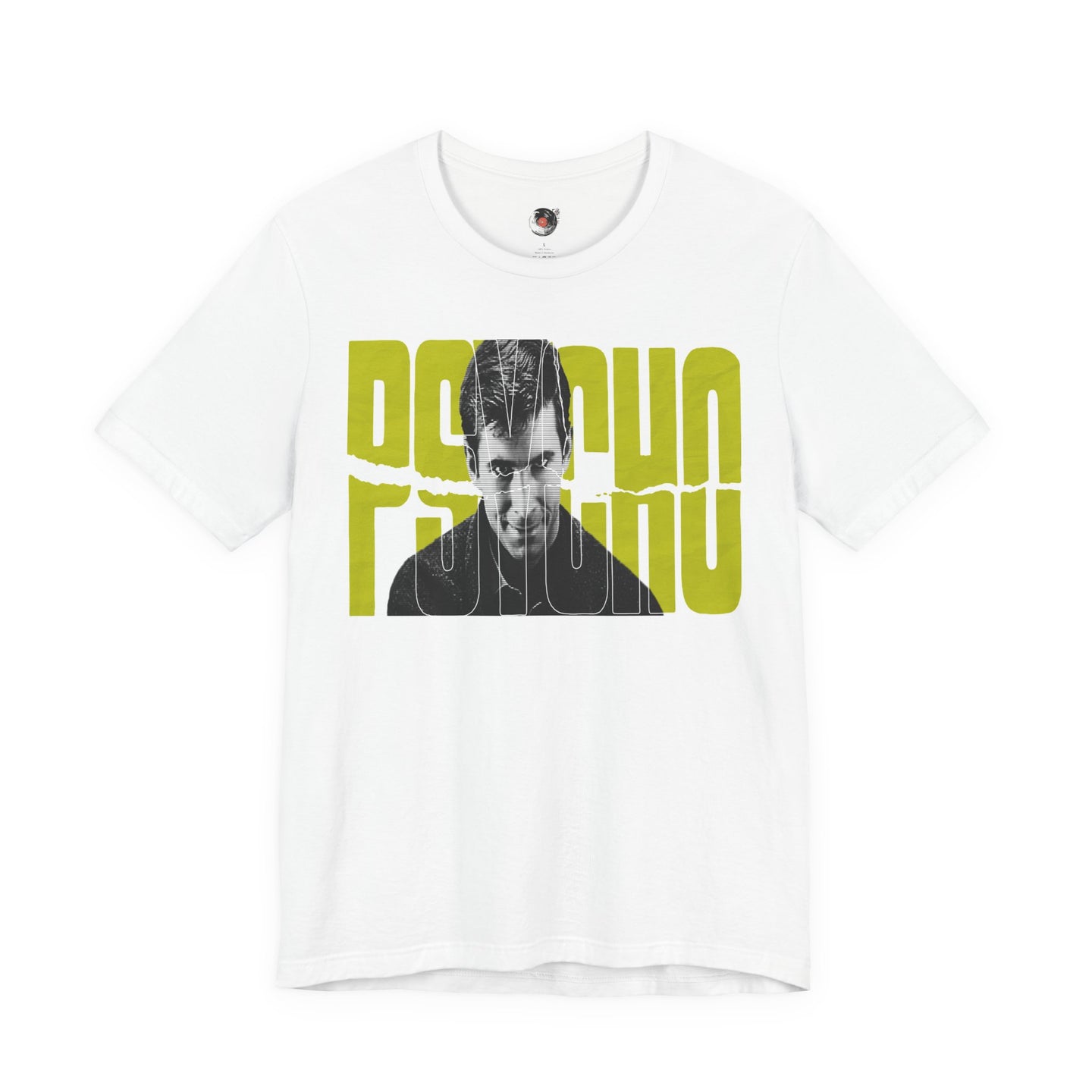 Psycho Norman Bates Portrait Graphic T-Shirt | Alfred Hitchcock Movie Yellow Block Lettering