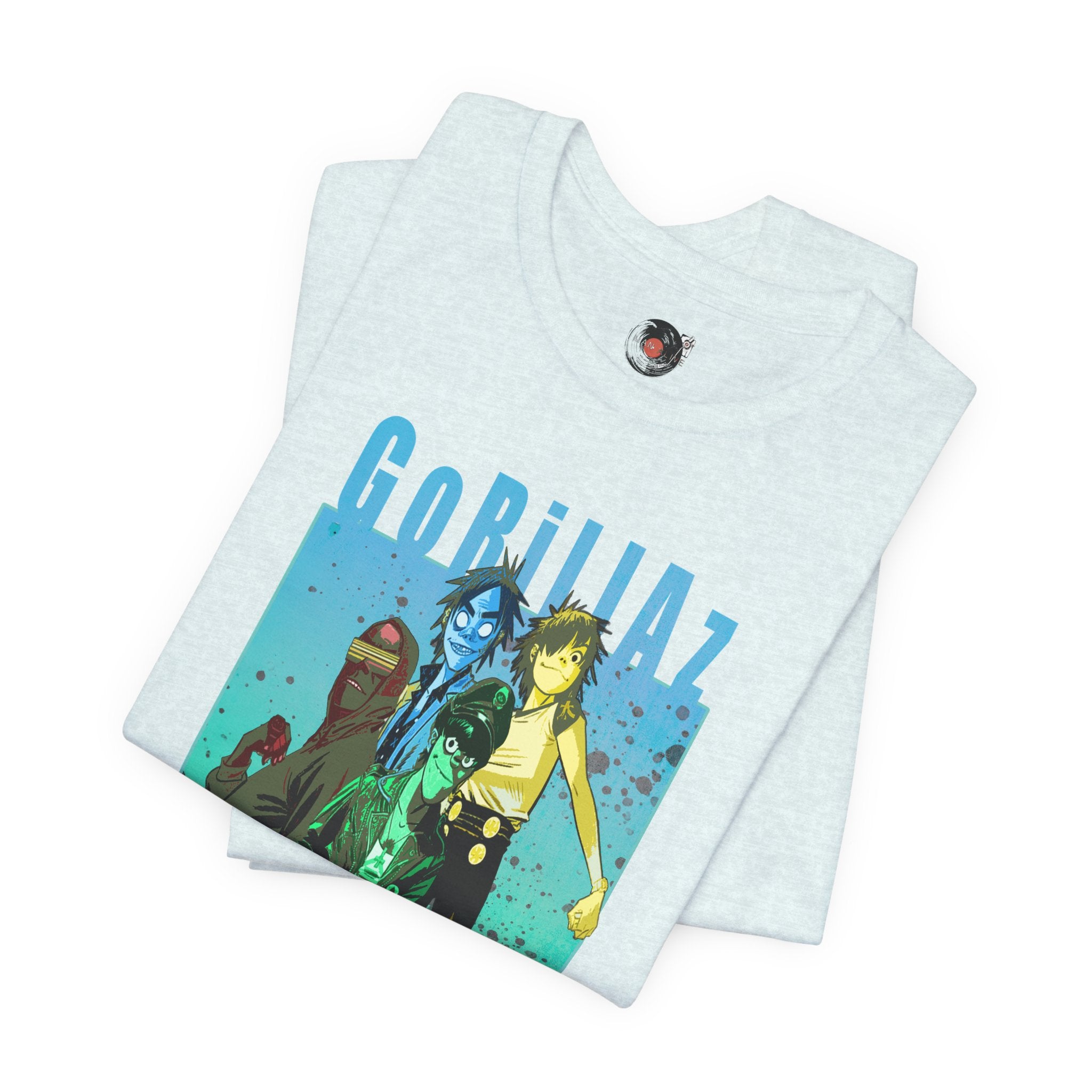 Gorillaz Band Artwork Tee | Animated Band Portrait, Retro Blue-Green Design