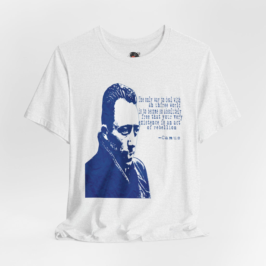Albert Camus Philosopher Portrait Quote T-Shirt | Blue Graphic Tee