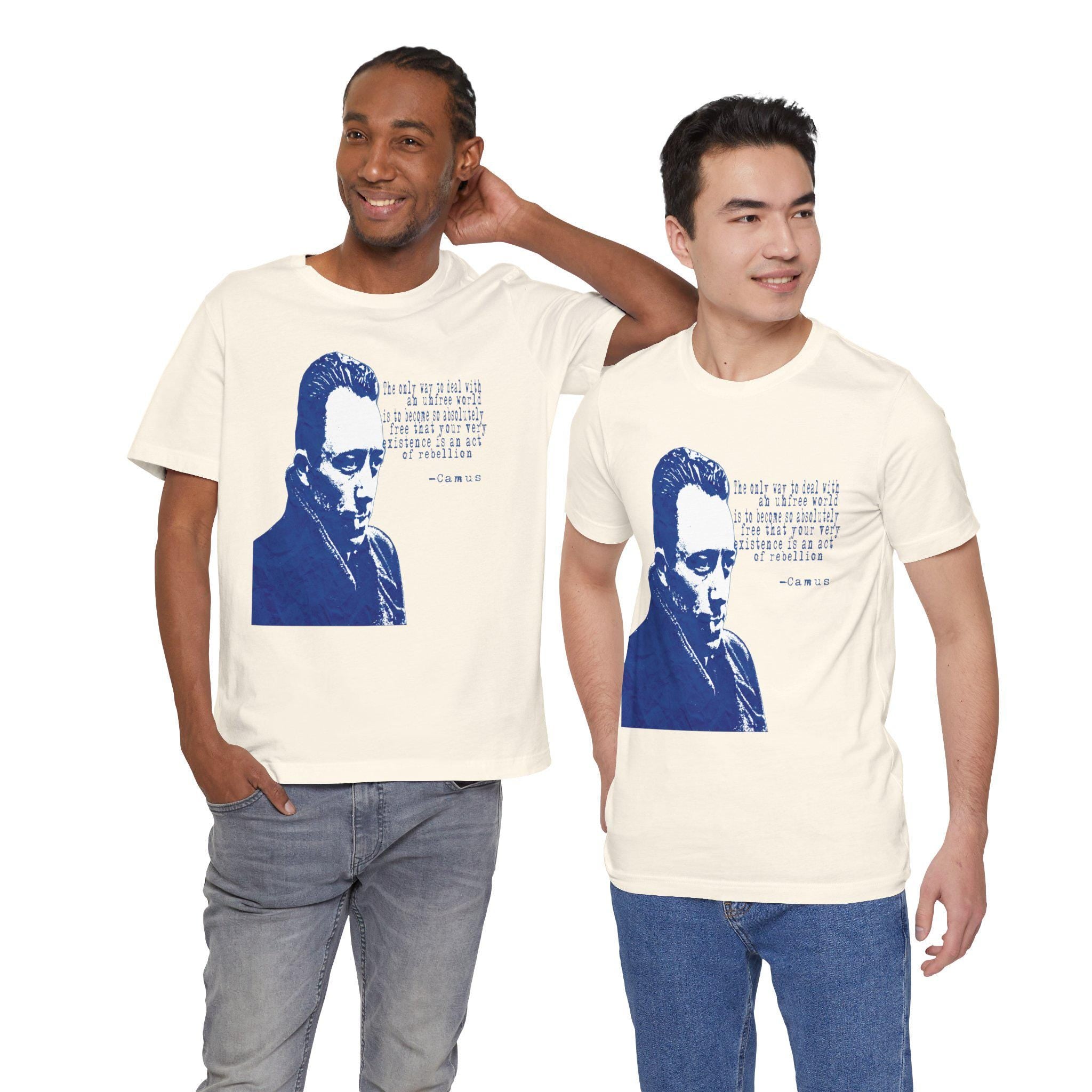 Albert Camus Philosopher Portrait Quote T-Shirt | Blue Graphic Tee