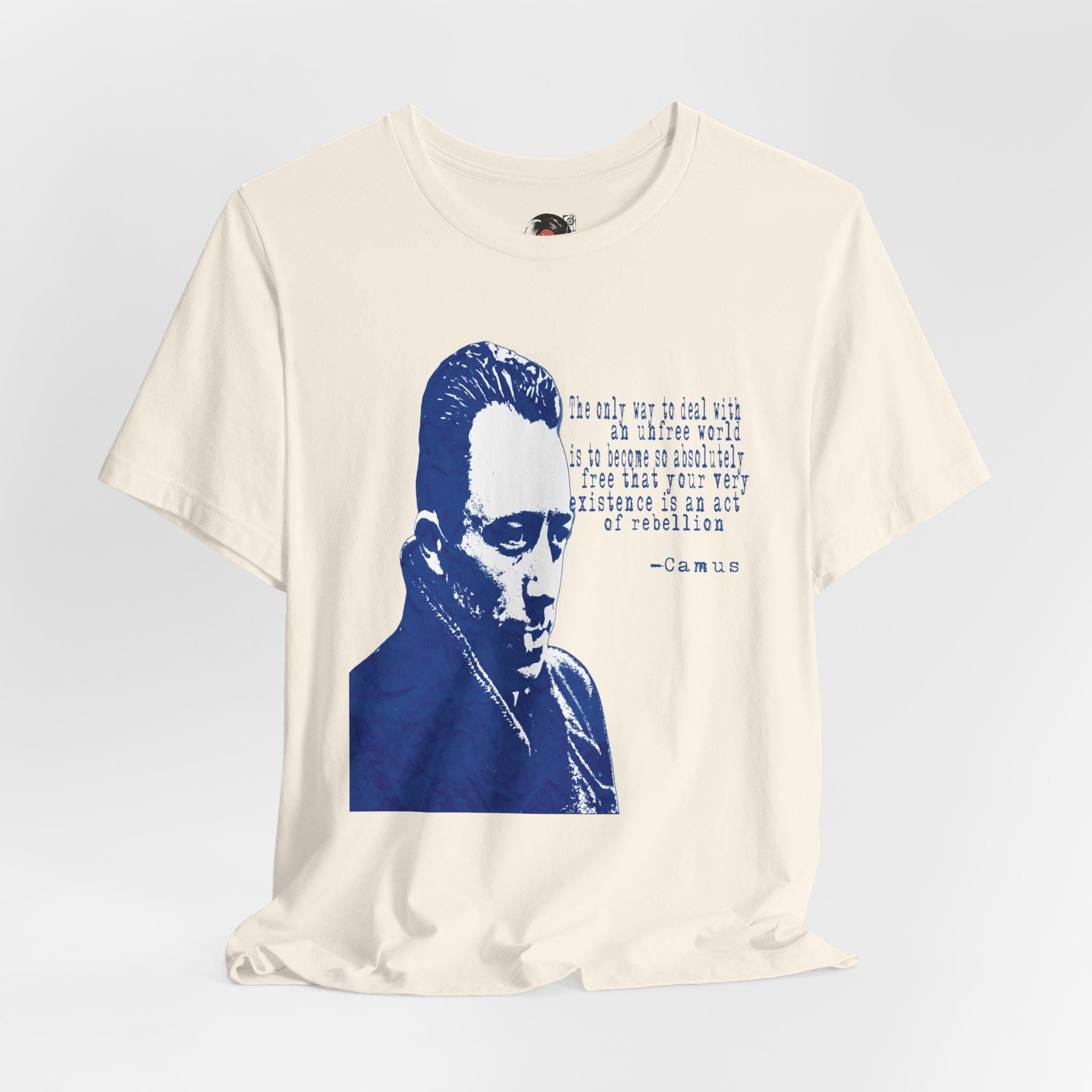 Albert Camus Philosopher Portrait Quote T-Shirt | Blue Graphic Tee