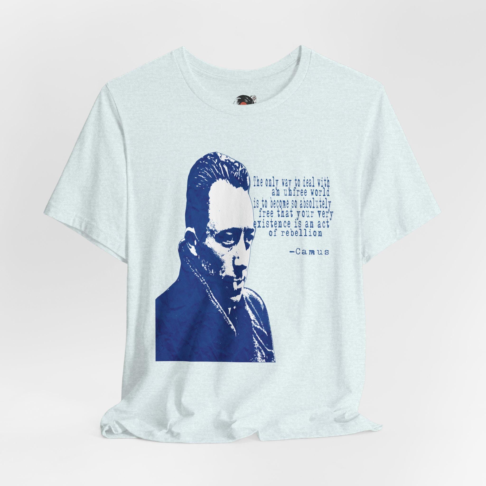 Albert Camus Philosopher Portrait Quote T-Shirt | Blue Graphic Tee