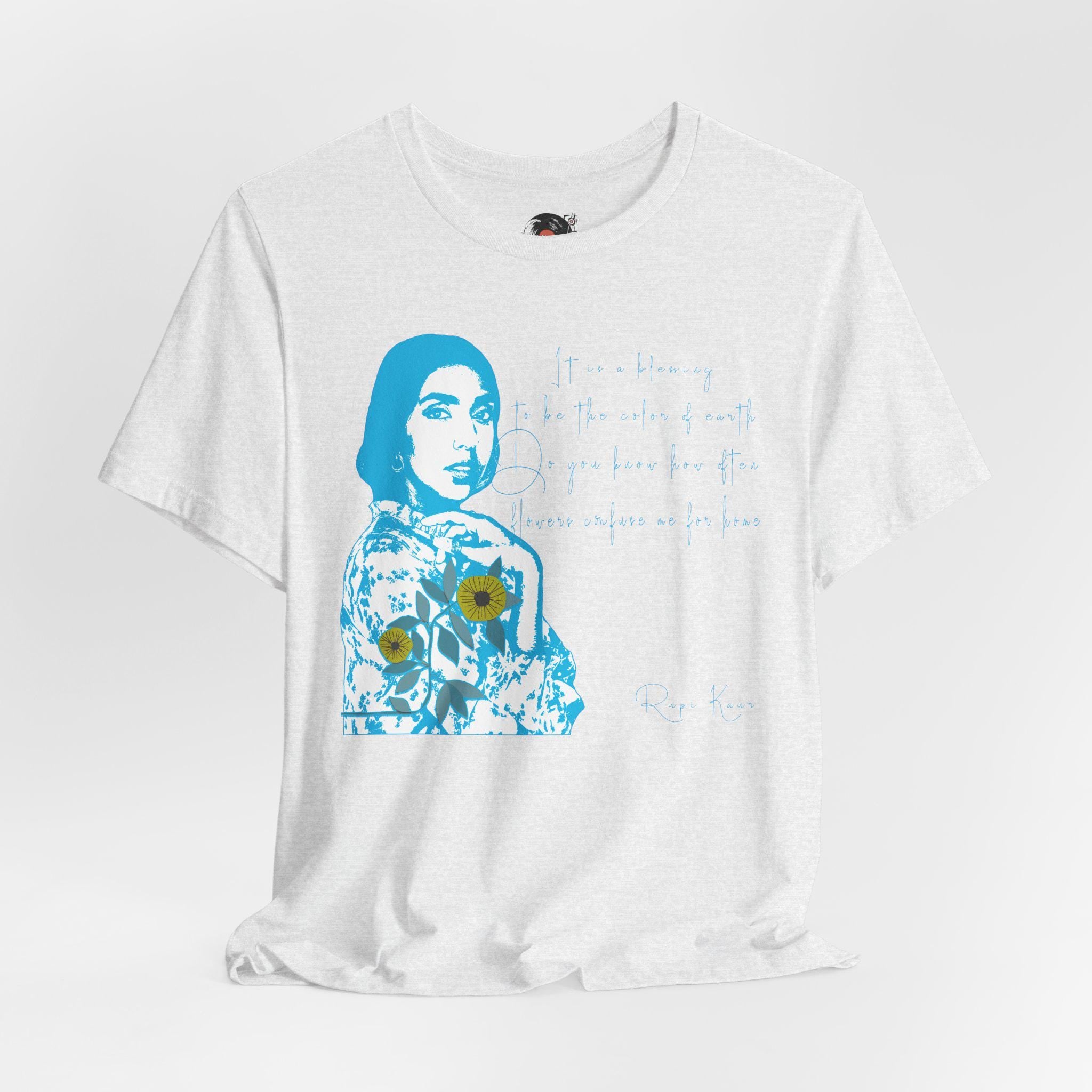 Rupi Kaur Blue Portrait with Sunflowers T-Shirt | Retro Pop Art PoetryTee