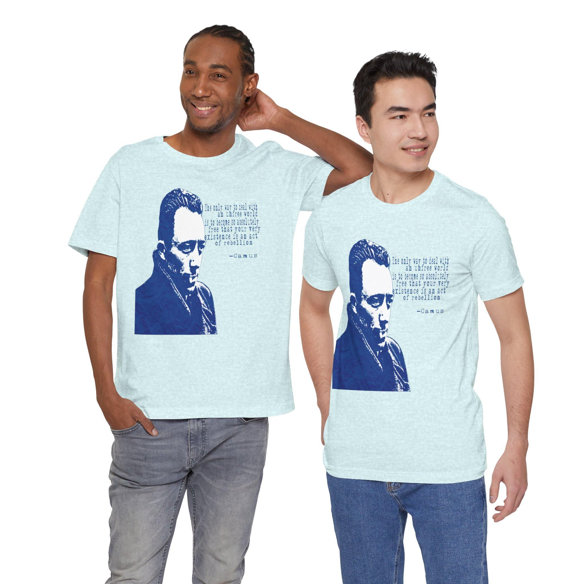 Albert Camus Philosopher Portrait Quote T-Shirt | Blue Graphic Tee