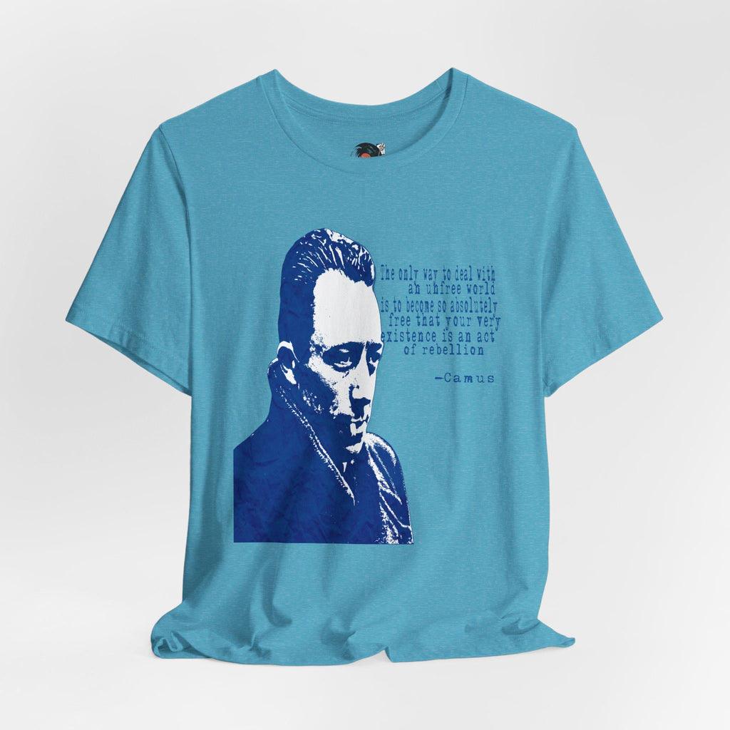 Albert Camus Philosopher Portrait Quote T-Shirt | Blue Graphic Tee
