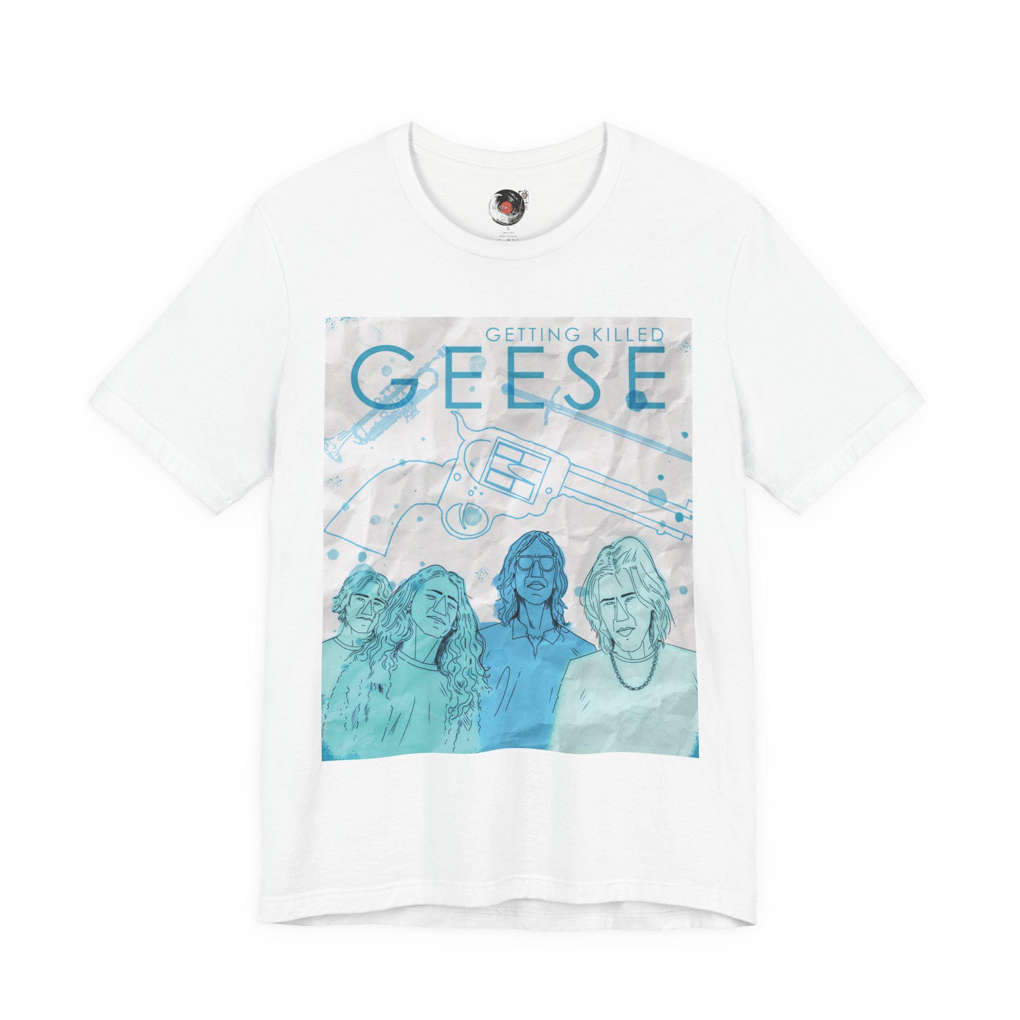 Getting Killed Geese band art T-Shirt | Retro portrait, blue line illustration